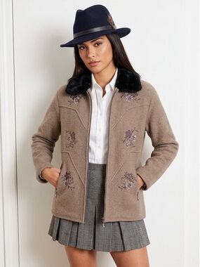 Baya, floral embroidered lined wool jacket with removable fur collar Size Large